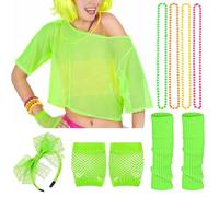 Abito di fantasia degli anni '80 per donne, costumi di abiti anni '80 include top netto, fascia per la testa, collana, guanti e scaldamuscoli, abiti da costume da festa neon per feste, verde chiaro