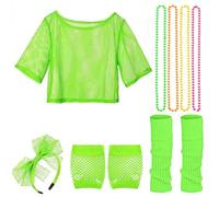 Abito di fantasia degli anni '80 per donne, costumi di abiti degli anni '80 include top netto, fascia per la testa, collana, guanti e scaldamuscoli, abiti da costume da festa neon per feste, verde ch