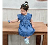 Abito di jeans in stile coreano per bambine con colletto Peter Pan, adatto per l'estate 6-9M,9-12M,12-18M,18-24M,2-3YColore unicoDenim