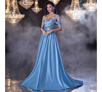 Abito di lusso, elegante, nobile, alla moda, giovanile, blu, in raso, senza spalline, con stile di coppa reggiseno, busto plissettato, vita con stecche, semi-trasparente, gonna a balze, con laccetti, 