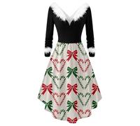 Abito di Natale da donna, con scollo a V, linea ad A, a maniche lunghe, per feste, da sera, per cocktail, per feste, Beige3, XXL