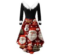 Abito di Natale da donna, con scollo a V, linea ad A, a maniche lunghe, per feste, da sera, per cocktail, per feste, Rosso 1, S