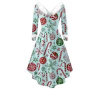 Abito di Natale da donna, con scollo a V, linea ad A, per feste, Natale, a maniche lunghe, per cocktail, per feste, Azzurro161, XL