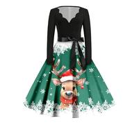 Abito di Natale da donna, divertente Hepburn, con scollo a V, maxi abito invernale da cocktail, a maniche lunghe, linea ad A, per feste, Natale, da sera, per feste, verde227, L
