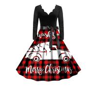 Abito di Natale da donna, elegante, a maniche lunghe, con scollo a V, con motivo natalizio divertente, stile rockabilly, vintage, swing, Xmas, bianco, XXL