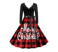 Abito di Natale da donna, elegante, a maniche lunghe, con scollo a V, con motivo natalizio divertente, stile rockabilly, vintage, swing, Xmas, Colore: rosso, XXL