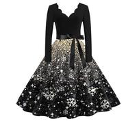 Abito di Natale da donna, elegante, a maniche lunghe, con scollo a V, motivo natalizio Hepburn Swing Merry Christmas Party Dress per donne