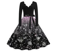 Abito di Natale da donna, elegante, a maniche lunghe, con scollo a V, motivo natalizio Hepburn Swing Merry Christmas Party Dress per donne