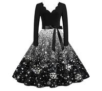 Abito di Natale da donna, elegante, a maniche lunghe, con scollo a V, motivo natalizio Hepburn Swing Merry Christmas Party Dress per donne