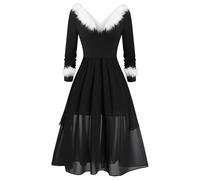 Abito di Natale da donna, elegante, a maniche lunghe, con scollo a V, stile vintage, rockabilly, swing merry Christmas