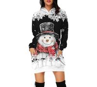 Abito di Natale Donna - Abito Casual con Cappuccio e Stampa Tunica Girocollo a Maniche Lunghe con Tasche Abbigliamento Comodo per Feste Autunnali e Invernali (Black L)