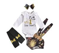 Abito di Natale per bambini Il mio primo vestito di Capodanno per bambina vestito nuovo anno bambino pagliaccetto a maniche lunghe Set pantaloncini con bretelle con leggings fascia fiocco, bianco, 6-9