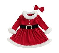 Abito di Natale per Neonata Bambina Vestito Natalizio in Peluche Abito a Manica Lunga Vestiti di Natale con Cappello di Natale/Cintura/Fascia con Fiocco per Bimba Ragazza (Rosso 2, 3-4 Anni)