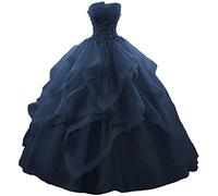 Abito di sfera lungo con volant Abiti Quinceanera senza spalline in pizzo Tulle perline abito da sera principessa, Marina Militare, 34