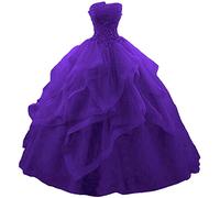 Abito di sfera lungo con volant Abiti Quinceanera senza spalline in pizzo Tulle perline abito da sera principessa, Viola, 34