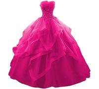 Abito di sfera lungo con volant Abiti Quinceanera senza spalline in pizzo Tulle perline abito da sera principessa, Fucsia, 34