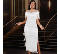 Abito donna a maniche corte in rete trasparente con patchwork e nappe, adatto per feste, ricevimenti, appuntamenti, compleanni, indossare in primavera L,M,S,XL,XXLBlocchi di coloreTessuto in maglia