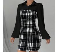 Abito donna elegante con colletto, manica a lanterna e patchwork, in tessuto check, maniche lunghe, adatto per autunno/inverno L,M,S,XLBlocchi di colore,Thiuz,quadriTessuto in maglia