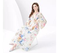 Abito Donna Elegante Lungo Leggero Scollo a V Bianco Fiori Raso GIPSY 11687