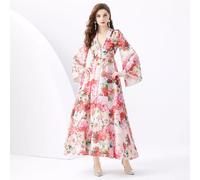 Abito Donna Elegante Lungo Leggero Scollo a V Rosso Fiori Raso GIPSY 11686