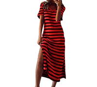 Abito Donna Estivo Lungo - Vestito Donna Estivo Maniche Corte Scollo A V Casual Larghi Abito con Orlo con Spacco A Righe Confortevole Vestito Lungo Casual Casa