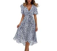 Abito Donna Estivo Scollo a V Chiffon Elegante Casual Larghe Vestiti Estivi Tunic Lungo Comodo Stampa Floreale Midi Abito Elasticizzato Morbida Manica Corta Abiti da Sole Linea a Vacanza Vestito Boho