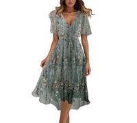 Abito Donna Estivo Scollo a V Chiffon Elegante Casual Larghe Vestiti Estivi Tunic Lungo Comodo Stampa Floreale Midi Abito Elasticizzato Morbida Manica Corta Abiti da Sole Linea a Vacanza Vestito Boho