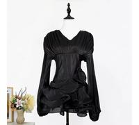 Abito Donna Nero Bustier Drappeggiato E Balze Eleganti A Maniche Lunghe CF64748