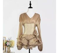 Abito Donna Oro Con Bustier Drappeggiato Balze Eleganti A Maniche Lunghe CF64748