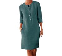Abito Donna Taglie Forti in Cotone Lino, Girocollo con Bottoni, Maniche Lunghe, Tasche Frontali, Vestito Casual Morbido per Primavera Estate