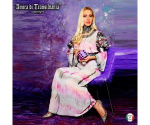 Abito Donna Vestito Elegante Lusso Lungo Chiffon Rosa Fiori Farfalle Alta Moda