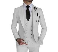 Abito elegante 3 pezzi per Uomo Completo da Ballo di Matrimonio a Doppio Petto 1 Bottone Giacca Gilet Pantaloni Completo Formale, bianco, S