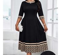 Abito elegante a blocchi di colore e righe per l'ufficio; Abito midi elegante; Abito lunghezza ginocchio; Abito midi dignitoso; Abito nero e rosa; Abito midi; Abbigliamento da donna per estate e prima