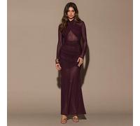 Abito elegante a collo alto e scollo a cuore, maniche lunghe, orlo in vita, semi-trasparente, colore bordeaux, adatto per cocktail party, appuntamenti romantici, strati autunnali/invernali, raduni, fe