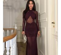 Abito elegante a collo alto e scollo a cuore, maniche lunghe, orlo in vita, semi-trasparente, colore bordeaux, adatto per cocktail party, appuntamenti romantici, strati autunnali/invernali, raduni, fe