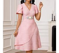 Abito elegante a maniche corte con scollo a V, texture a petali, decorazione floreale in vita, lunghezza media L,M,S,XL,XS,XXL,XXS,XXXL,XXXXLColore unicoTessuto in maglia