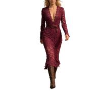 Abito elegante a maniche lunghe con inserto in pizzo, maxi abito casual per un look fluido e confortevole, Vino, L