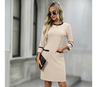 Abito elegante a metà lunghezza con collo rotondo, maniche a 3/4 e vita stretta, con blocchi di colore per le donne L,M,S,XLBlocchi di coloreTessuto in maglia