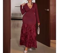 Abito elegante aderente con scollo a V, patchwork e tessuto 3D a rose, taglia comoda, adatto per autunno/inverno 0XL,1XL,2XL,3XL,4XLPianteTessuto in maglia