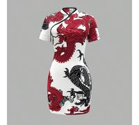 Abito elegante aderente corto a maniche corte con stampa del drago cinese da donna, per l'estate L,M,S,XLAnimale,Piante,stampa dappertutto,Motivo strutturatoTessuto in maglia