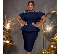 Abito elegante aderente da donna taglie forti, con dettaglio fiocco e perle, vita a peplum, per feste e ricevimenti, adatto come vestito da ospite di matrimonio o cocktail 0XL,1XL,2XL,3XL,4XLColore un