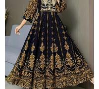 Abito elegante arabo con scollo a V, maniche a 3/4, stampa floreale e ricamo, artistico, vintage, adatto per le vacanze L,M,S,XLFloreale,TribaleTessuto intrecciato