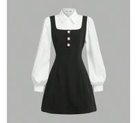 Abito elegante bicolore nero e bianco con colletto abbottonato, maniche a lanterna e design 2 in 1 per ragazze pre-adolescenti, adatto per l'autunno, il ritorno a scuola e l'abbigliamento autunnale, a