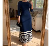 Abito elegante casual da ufficio e appuntamenti per donna taglie forti, stampa geometrica, collo rotondo, maniche 3/4, blu navy, autunnale 0XL,1XL,2XL,3XL,4XL,5XLGraficoTessuto in maglia