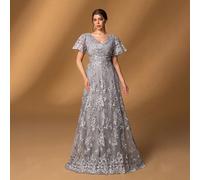 Abito elegante con scollo a V, maniche arricciate, linea A, con applicazioni in pizzo per la madre della sposa | Perfetto per gale formali, matrimoni, ricevimenti serali, cene in smoking, cerimonie di