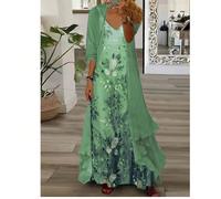 Abito elegante con stampa floreale senza maniche e scollo a V con cardigan trasparente a 3/4 di manica, adatto per uscite quotidiane, appuntamenti al caffè, viaggi e perfetto per la stagione dei matri