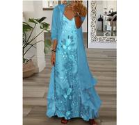 Abito elegante con stampa floreale senza maniche e scollo a V con cardigan trasparente a 3/4 di manica, adatto per uscite quotidiane, appuntamenti al caffè, viaggi e perfetto per la stagione dei matri