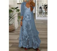 Abito elegante con stampa floreale senza maniche e scollo a V con cardigan trasparente a 3/4 di manica, adatto per uscite quotidiane, appuntamenti al caffè, viaggi e perfetto per la stagione dei matri