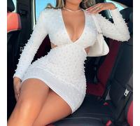 Abito elegante corto in maglia bianca con scollo a V, maniche lunghe, aderente, con applicazioni di perle finte, adatto come abito da ospite a un matrimonio, per la primavera/estate o per San Valentin