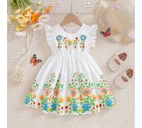 Abito elegante da bambina con stampa floreale e volant sulla manica, di moda per la primavera e l'estate 6-9M,9-12M,12-18M,18-24M,2-3Y,3-6MFlorealeTessuto intrecciato
